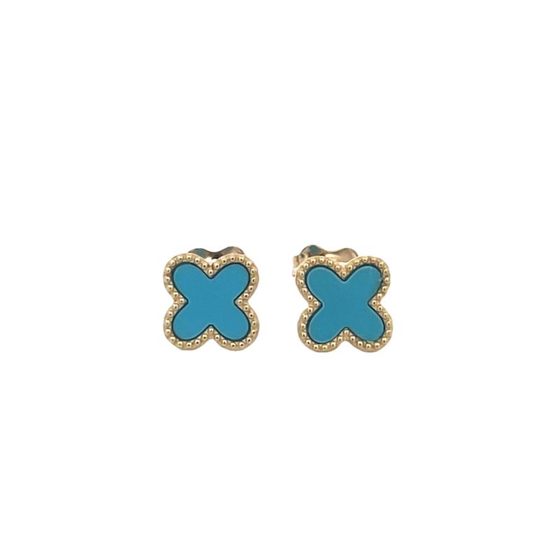 Turquoise Clover Stud Earrings 9 Carat Yellow Gold 8 mm