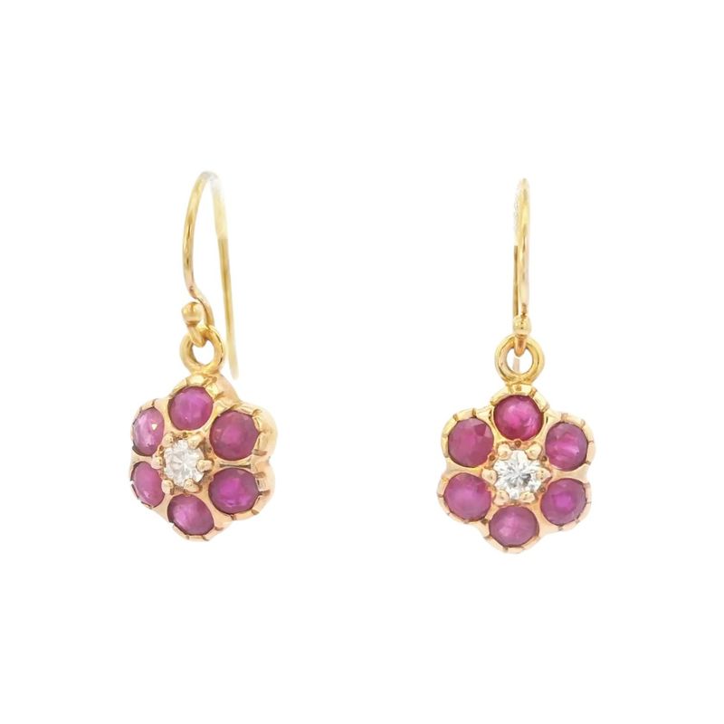 Ruby and Diamond Cluster Drop Earrings 9 Carat Yellow Gold