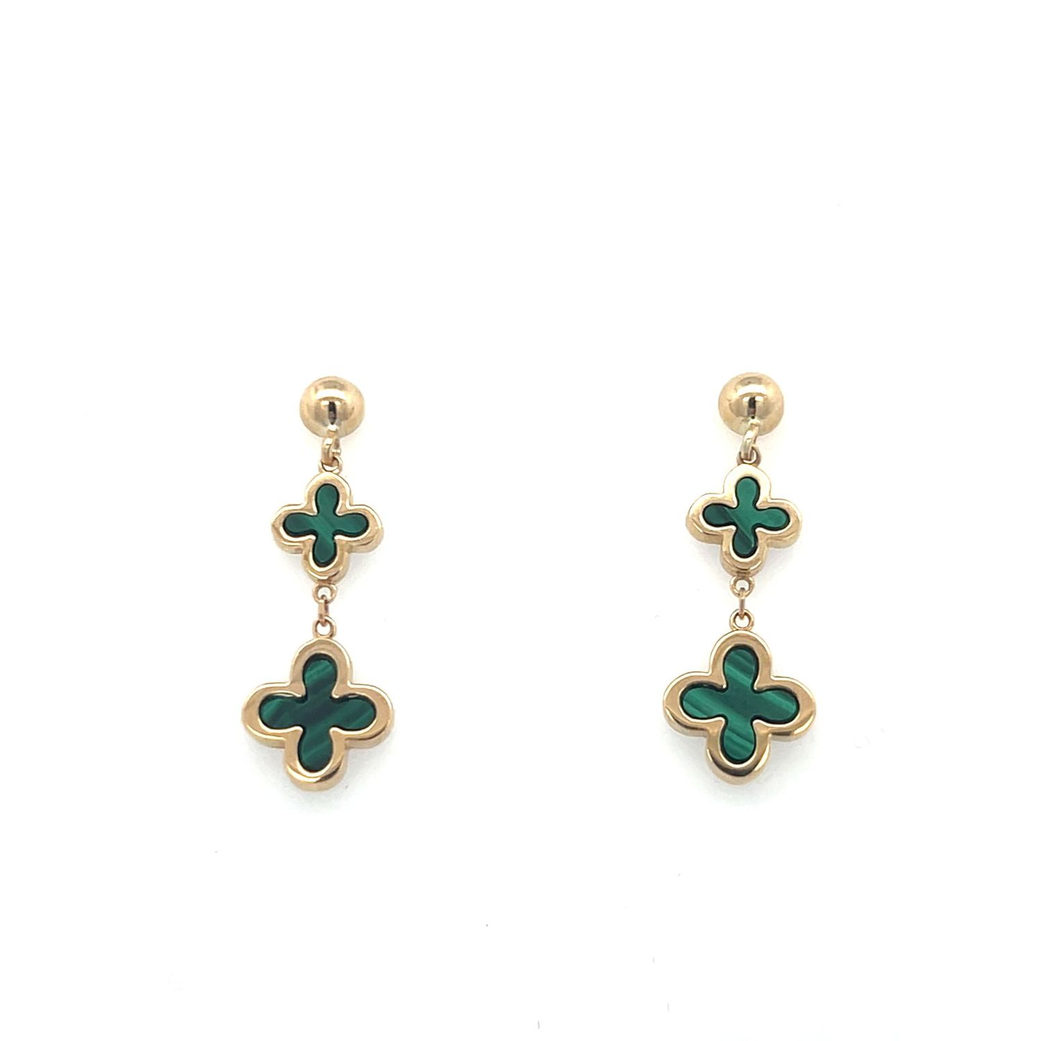 Elegant Clover Malachite Drop Earrings 9 Carat Gold