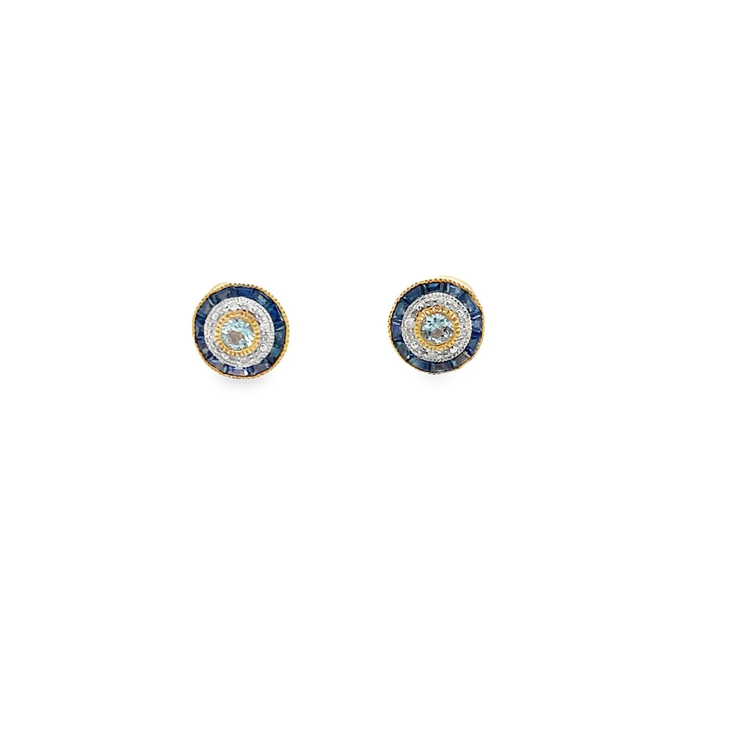 Aquamarine, Sapphire and Diamond Stud Earrings 9 Carat Gold