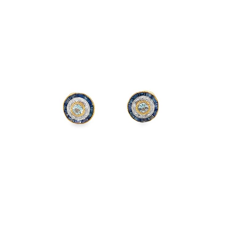 Aquamarine, Sapphire and Diamond Stud Earrings 9 Carat Gold