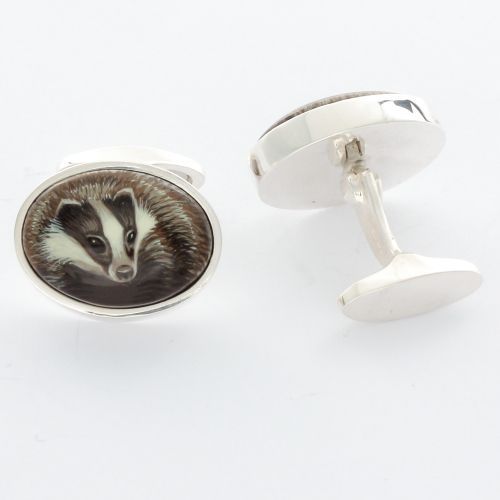 A Pair of Sterling Silver Hand Painted Badger Cufflinks