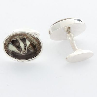 A Pair of Sterling Silver Hand Painted Badger Cufflinks