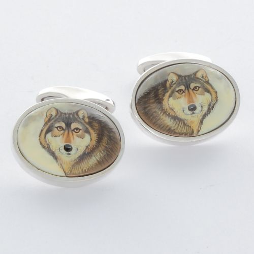 A Pair of Sterling Silver Hand Painted Wolf Cufflinks