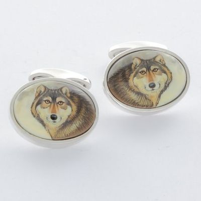 A Pair of Sterling Silver Hand Painted Wolf Cufflinks A Pair of Sterling Silver Hand Painted Wolf Cufflinks