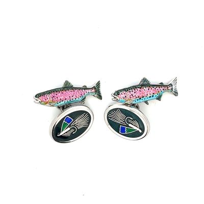 A Pair of Sterling Silver and Vitreous Enamel Trout Fishing Cufflinks