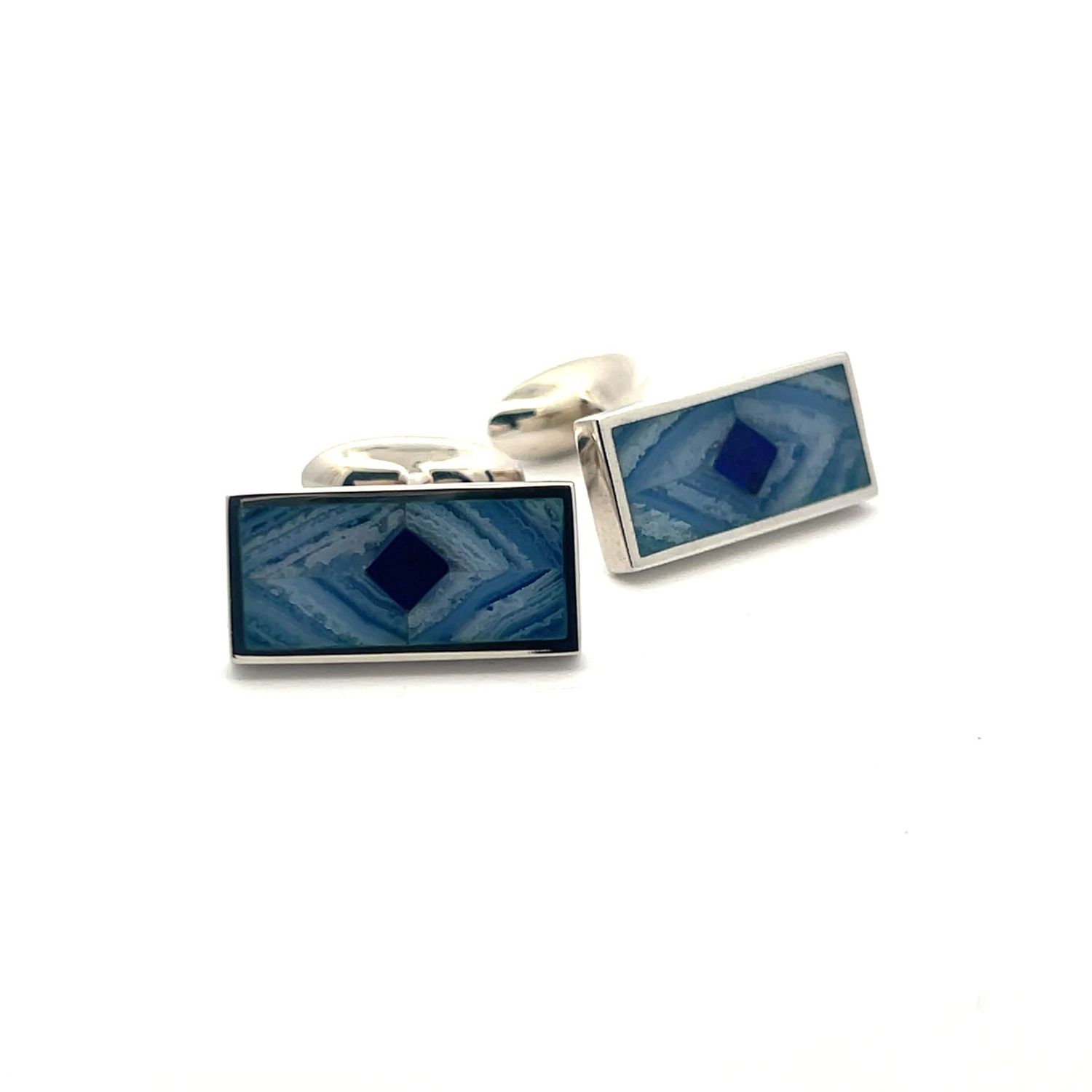 A Pair of Sterling Silver Lapis Lazuli and Blue Lace Agate Cuff Links