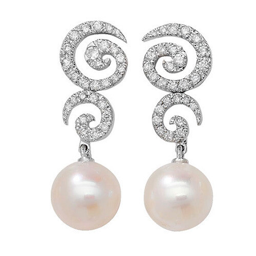 A Pair of 18 Carat White Gold Pearl And Diamond Drop Earrings 0.64 Carat