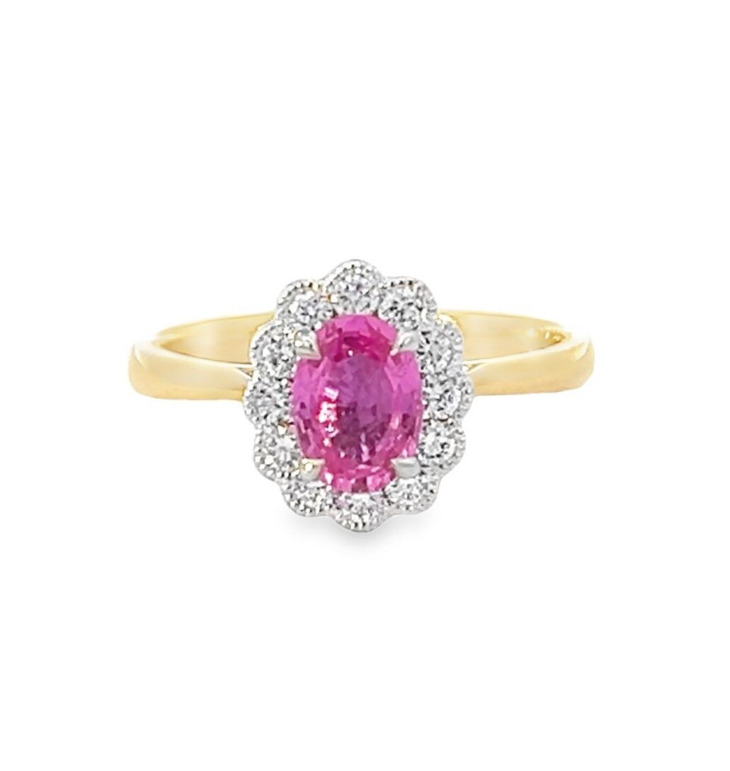 A Platinum and 18 Carat Gold Pink Sapphire and Diamond Cluster Ring Certificated by WGI