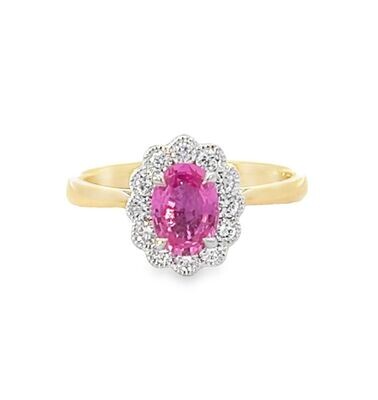 A Platinum and 18 Carat Gold Pink Sapphire and Diamond Cluster Ring Certificated by WGI