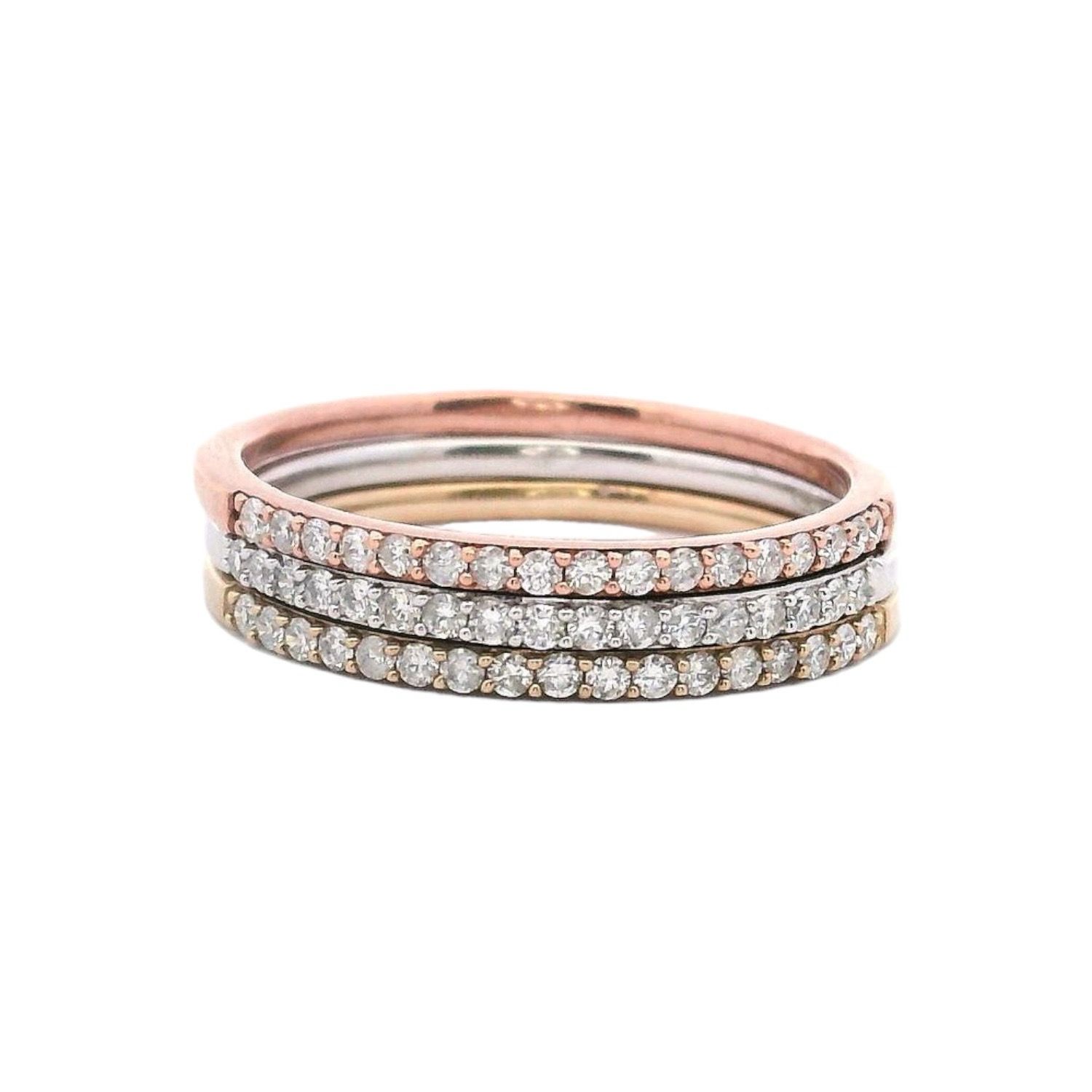 Set Of Three Diamond Stacking Rings 9 Carat White Yellow And Rose Gold