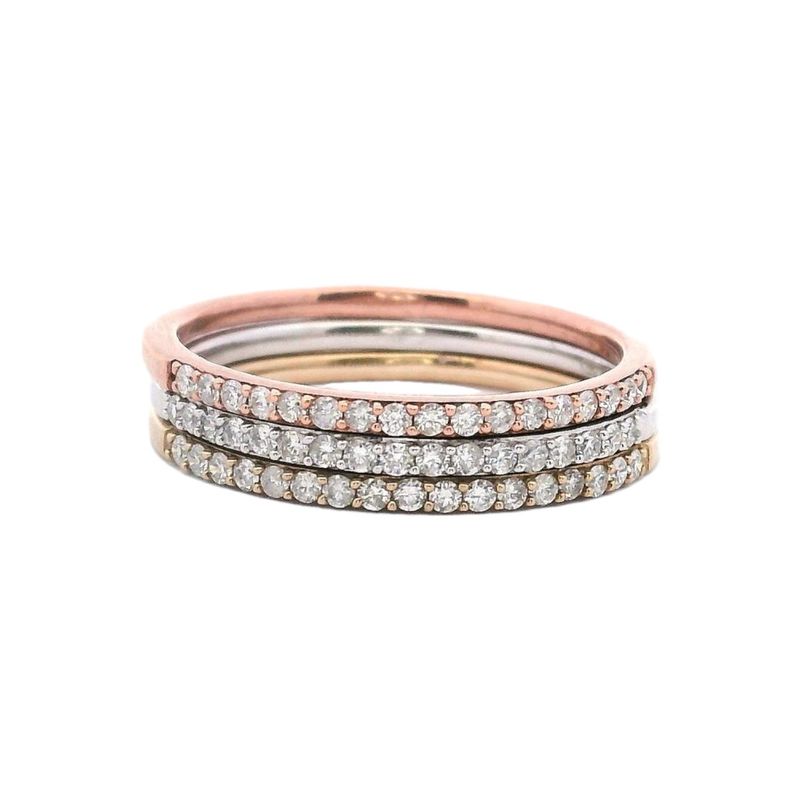 Set Of Three Diamond Stacking Rings 9 Carat White Yellow And Rose Gold