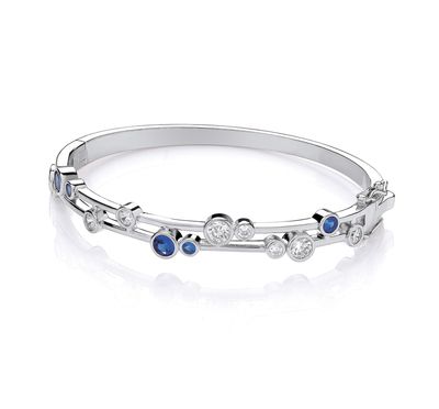 Ladies Silver White and Blue Cubic Zirconia Bubble Bangle