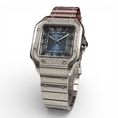 A Santos De Cartier Medium Model Watch Factory Diamonds Ref W4SA0006 Box and Papers