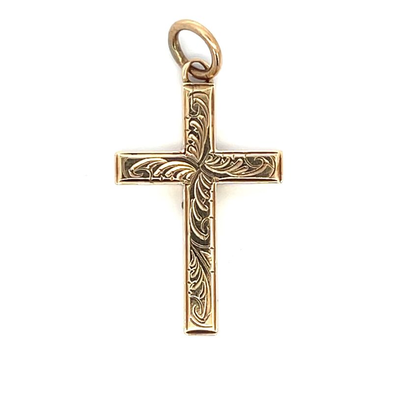 Pre-owned 9 Carat Yellow Gold Engraved Cross Pendant