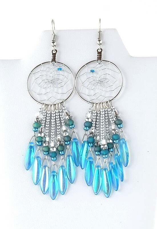 EARRINGS DANGLES AQUA DREAMCATCHER SILVER 1&quot;