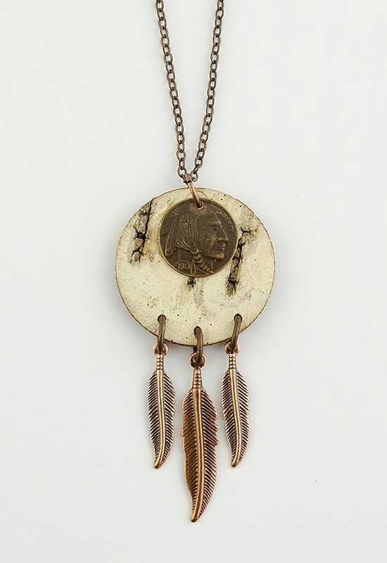 PENDANT BIRCHBARK DREAMCATCHER COPPER 3/4&quot;, Style: W/METAL FEATHER &amp; COIN