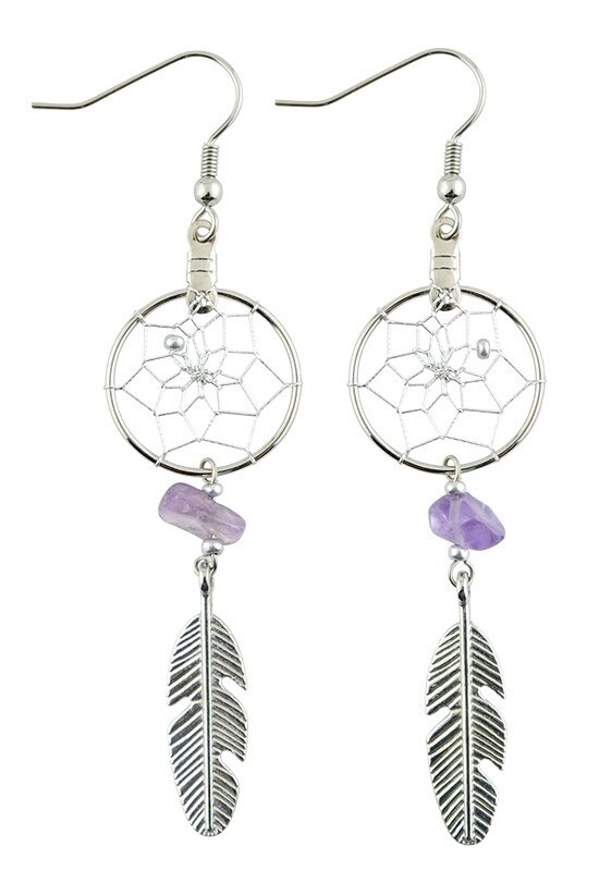 EARRINGS FEATHER DREAMCATCHER SILVER 3/4&quot;