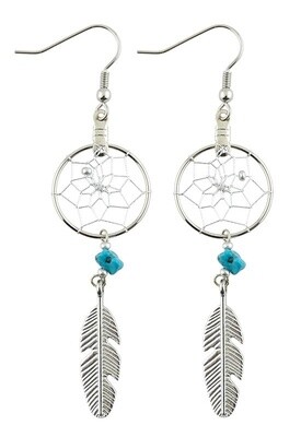Earrings- Dreamcatcher Turquoise Stone and Metal Feather.