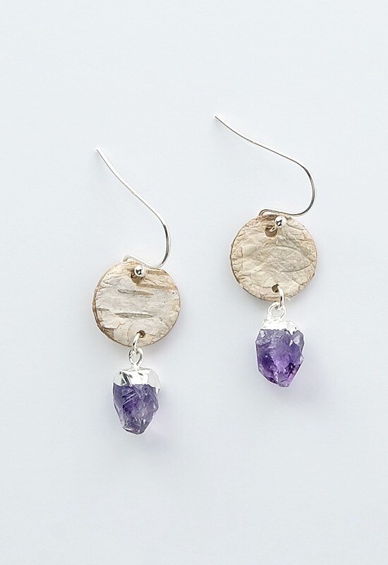 EARRING BIRCH BARK SILVER AMETHYST STONES