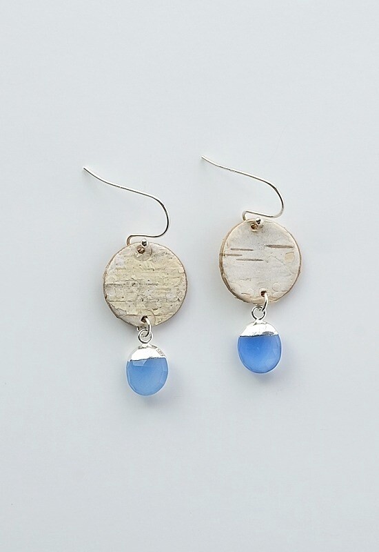 EARRING  BIRCH BARK SILVER BLUE CHALCEDONY STONE