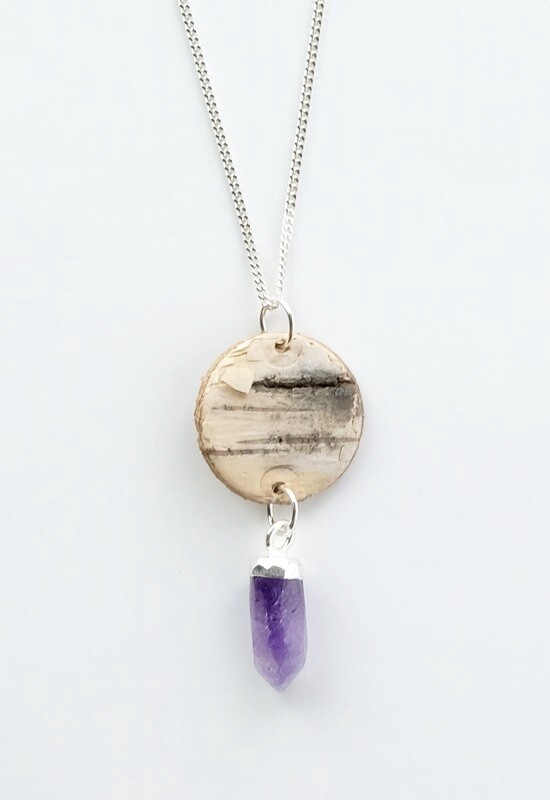 PENDANT BIRCH BARK SILVER AMETHYST POINT