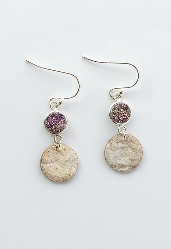 EARRING BIRCH BARK SILVER PURPLE DRUZY