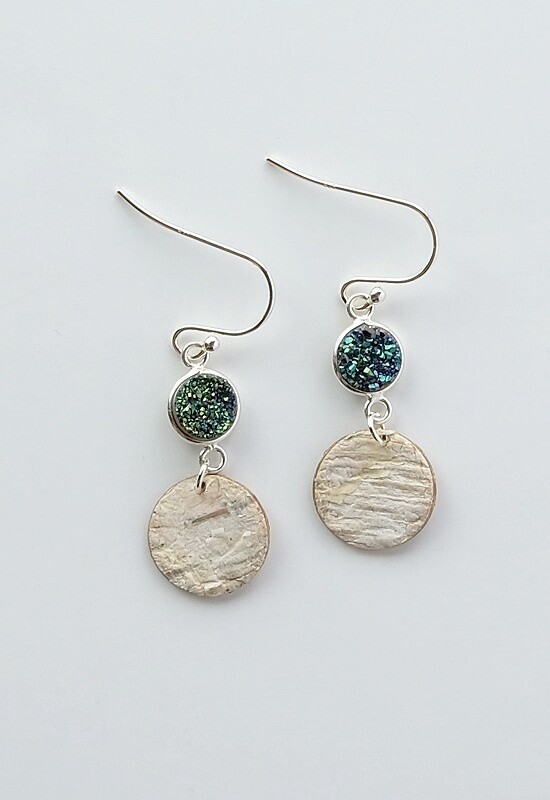 EARRING BIRCH BARK SILVER TEAL DRUZY