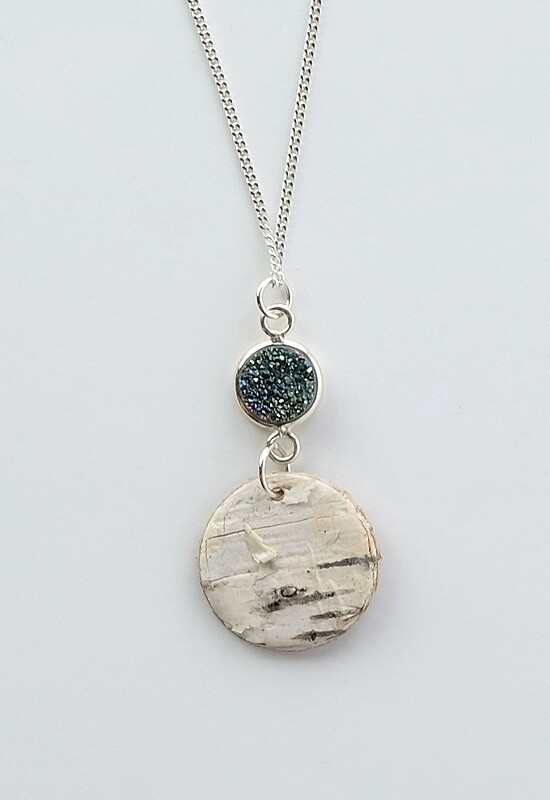PENDANT BIRCH BARK SILVER TEAL DRUZY
