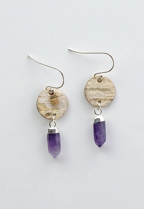 EARRING BIRCH BARK AMETHYST POINTS