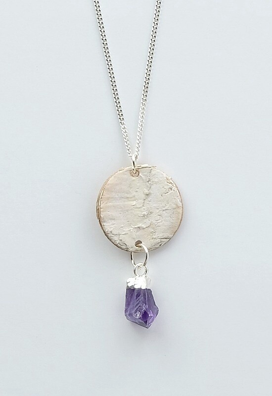 PENDANT BIRCH BARK SILVER AMETHYST STONE