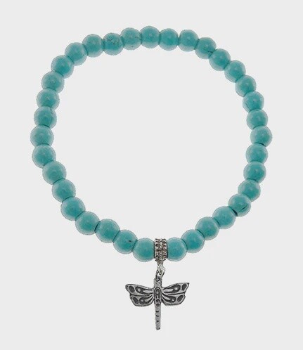 BRACELET 8MM TURQUOISE BEAD DRAGONFLY