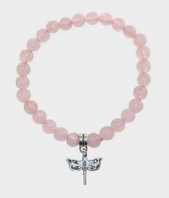 BRACELET 8MM  ROSE QUARTS BEAD DRAGONFLY
