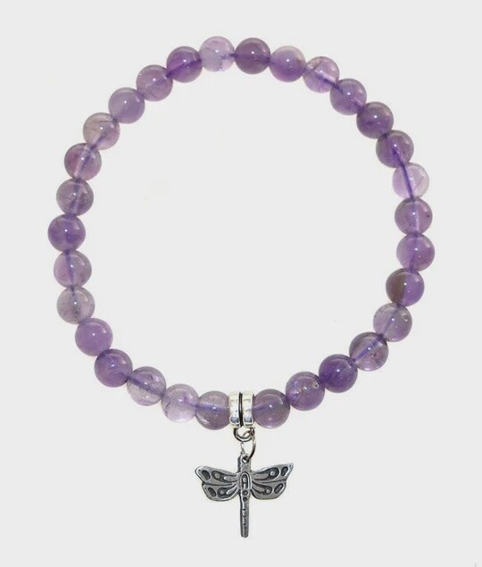 BRACELET 8MM AMETHYST BEAD DRAGONFLY