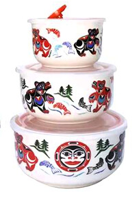 BOWL CERAMIC FOOD CONTAINER BEAR SALMON