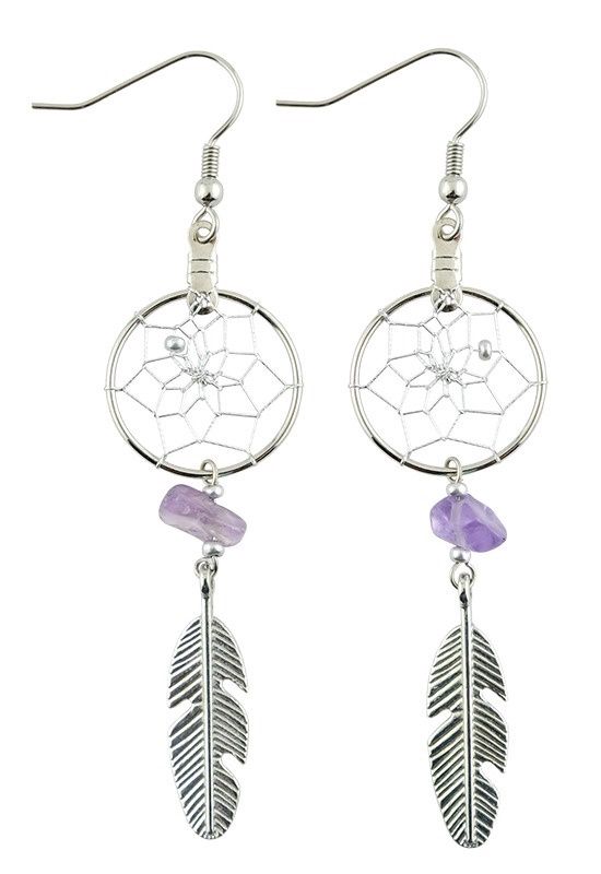 EARRINGS FEATHER DREAMCATCHER SILVER 3/4&quot;, Style: W/ AMETHYST