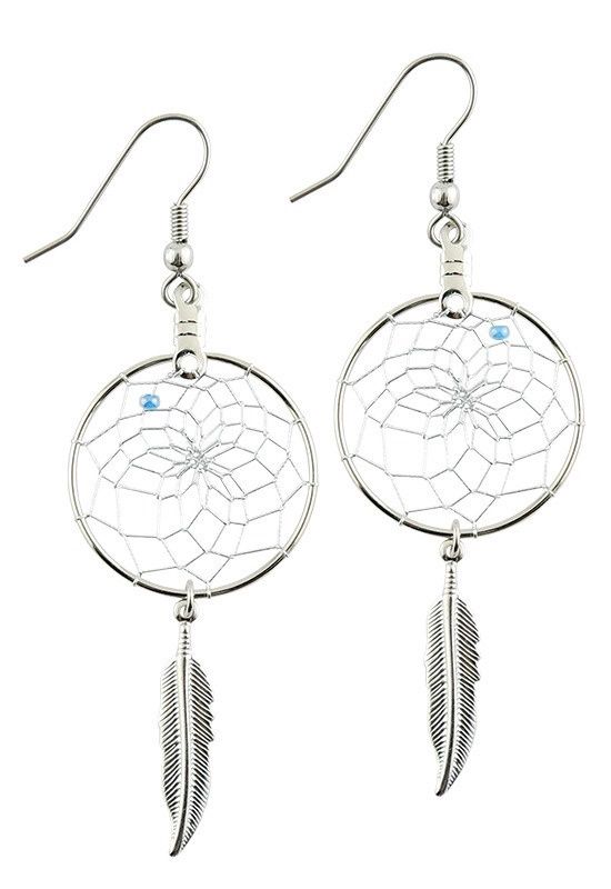 EARRINGS CLASSIC DREAMCATCHER SILVER 1&quot;, Style: W/METAL FEATHER