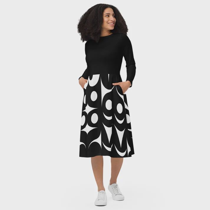 BLACK ABSTRACT DRESS WITH POCKETS - SALISH DEISGN by JOSHUA WATTS, Size: X-SMALL