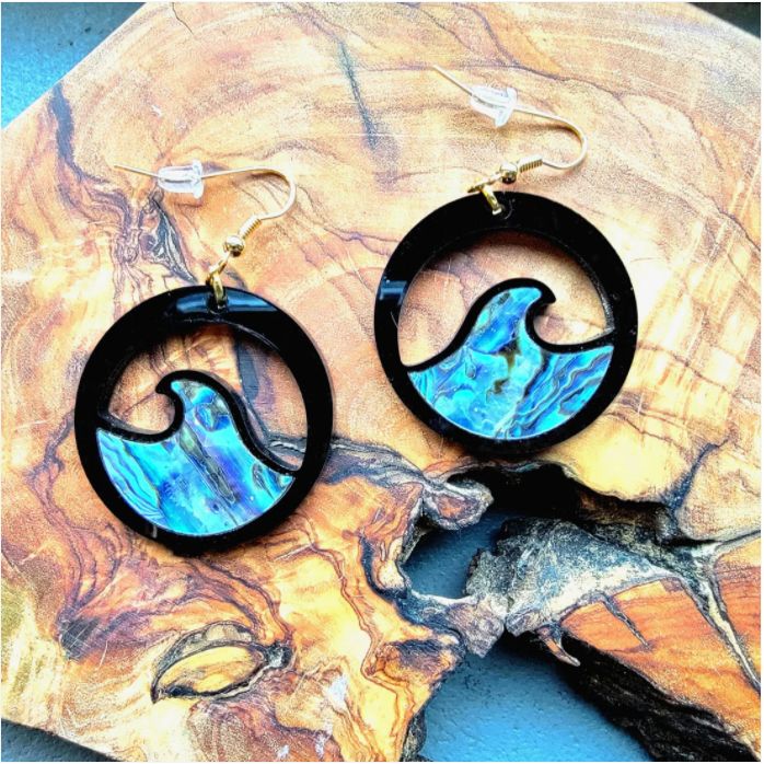 COPPER CANOE WOMAN - ABALONE WAVES ACRYLIC EARRINGS