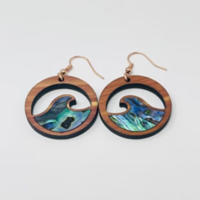 COPPER CANOE WOMAN - ABALONE WAVES CEDAR EARRINGS