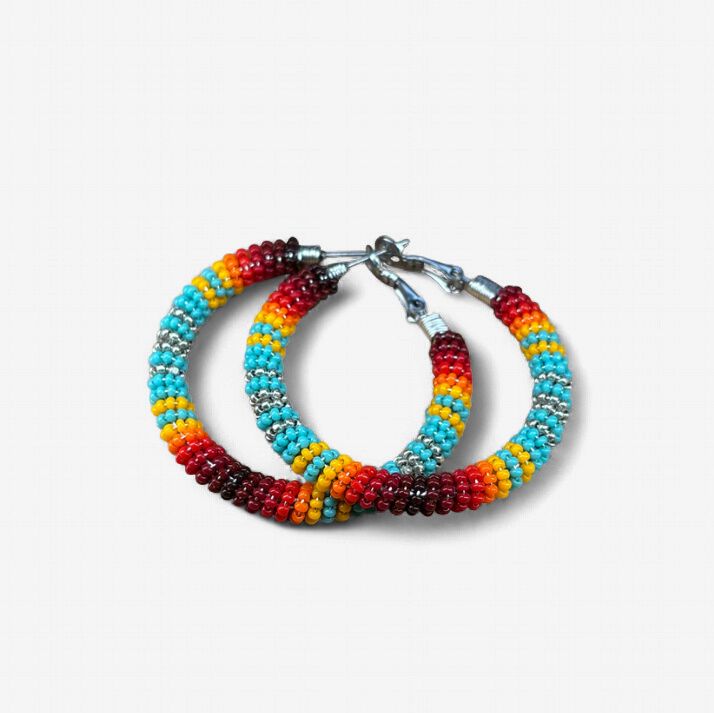 1.5" CHARLOTTE CUT, TURQUOISE SUNSET BEADED HOOP EARRINGS