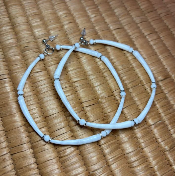 3" WHITE/SILVER DENTALIUM HOOP EARRINGS