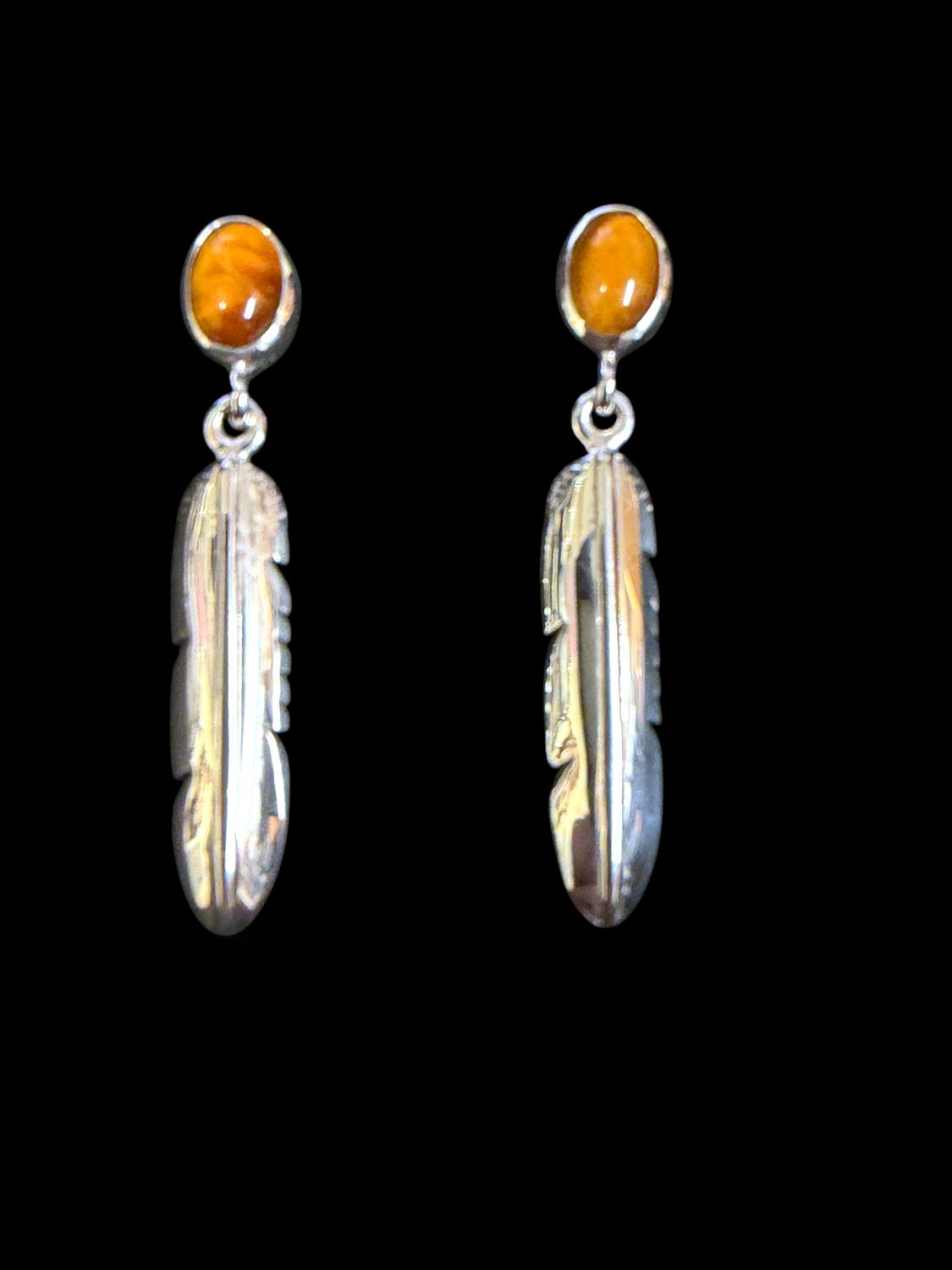 SMALL EAGLE FEATHER EARRINGS - INLAY STUD, Colour: GOLDEN AMBER