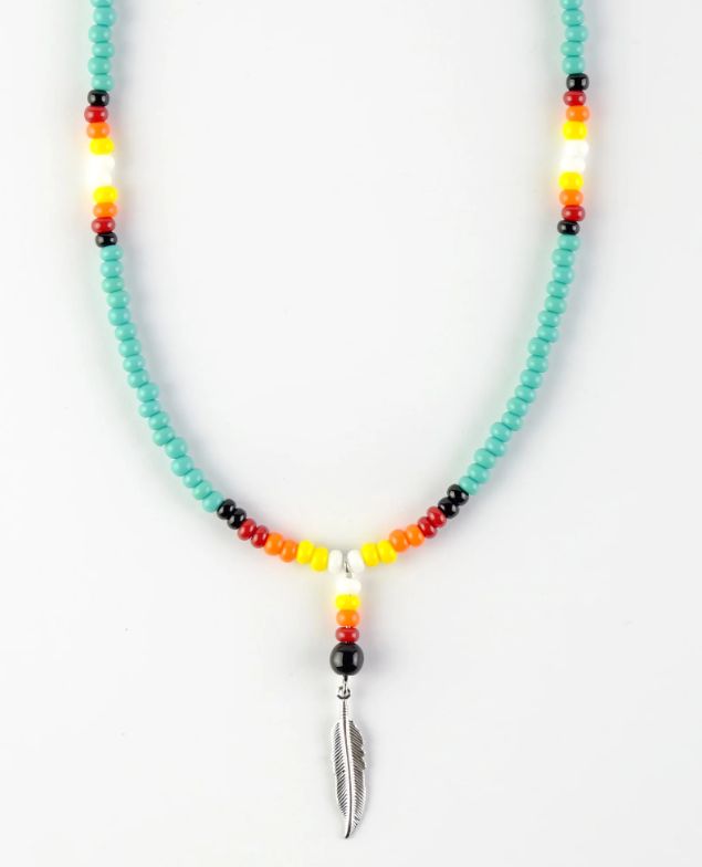 MONAGUE BEADED NECKLACE WITH FEATHER CHARM, Color: TURQUOISE