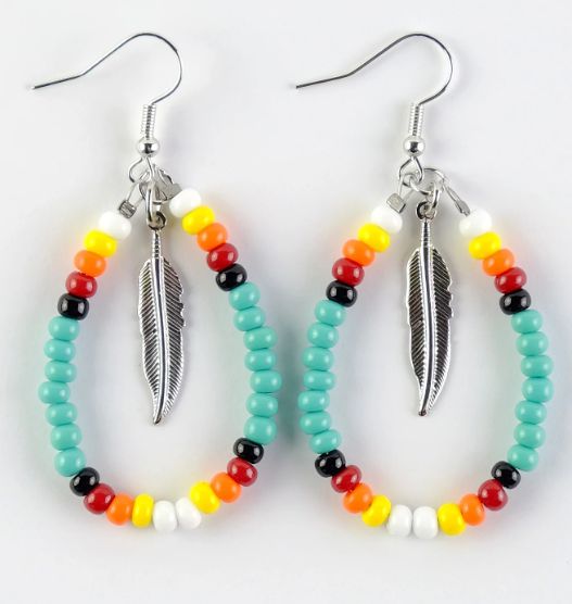 BEADED EARRINGS WITH FEATHER CHARM, Color: TURQUOISE