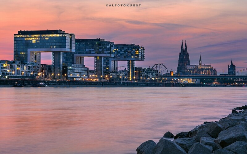Wandbild Köln - Kranhäuser: Abendrot