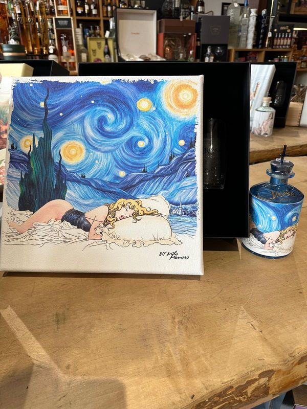 Gin J.Rose  limited edition " Milo Manara 80 anni "   London Dry Gin Quadro  con i bicchieri