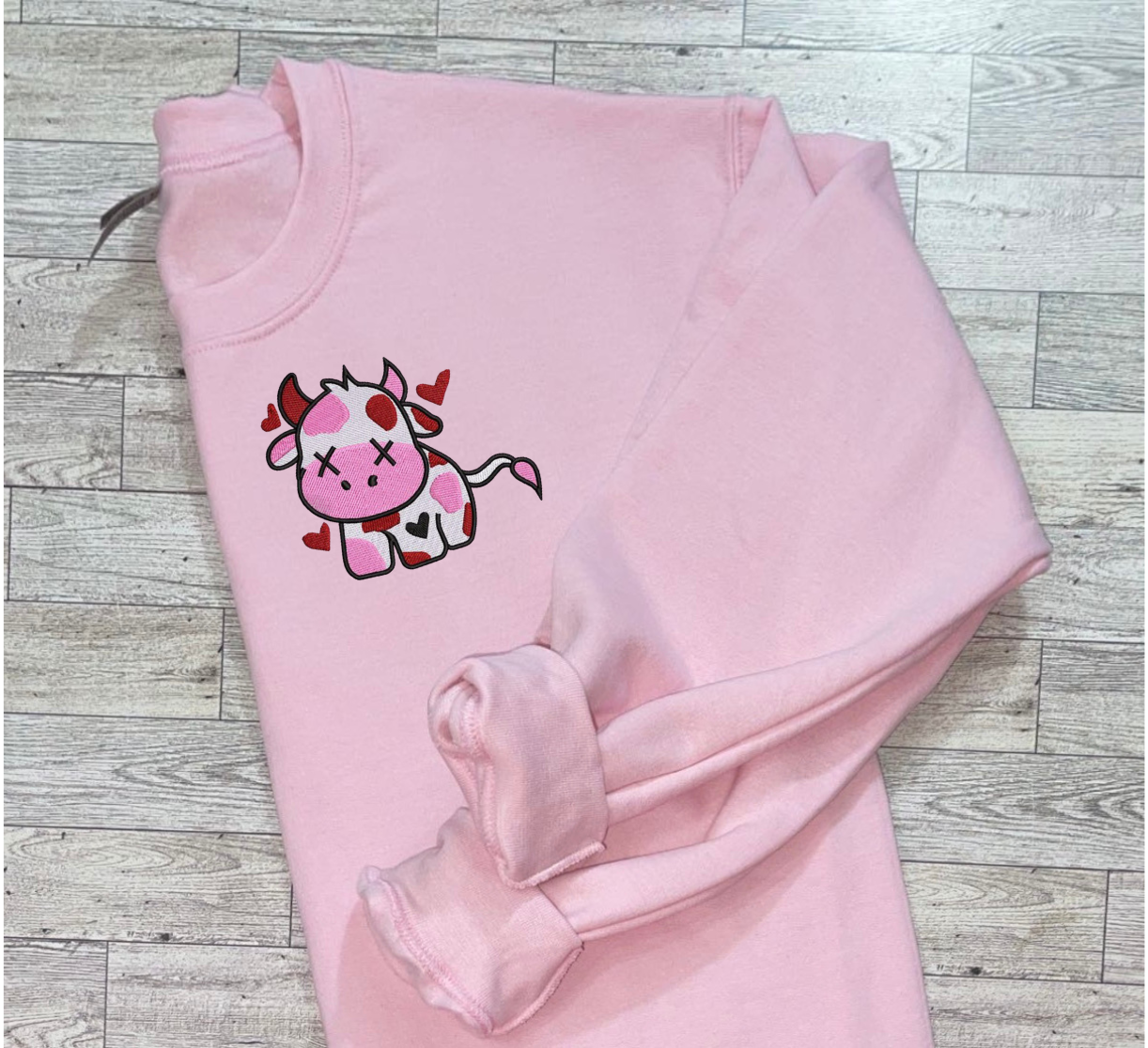Pink Heart Cow Embroidery
