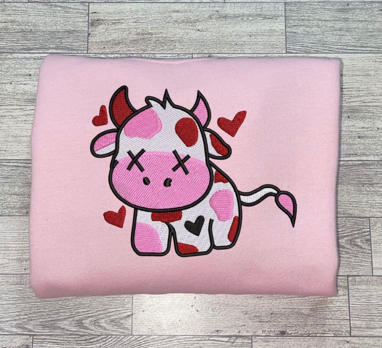 Pink Heart Cow Embroidery