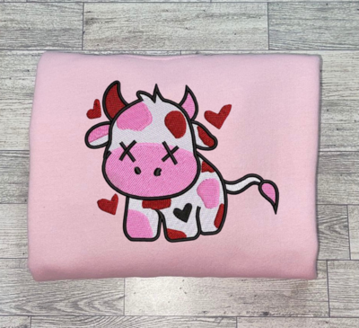 Pink Heart Cow Embroidery